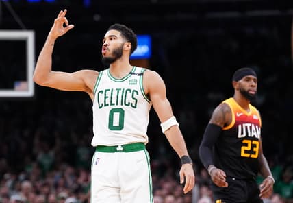 Mar 23, 2022; Boston, Massachusetts, USA; Boston Celtics forward Jayson Tatum (0) reacts after his basket against the Utah Jazz in the second quarter at TD Garden. Mandatory Credit: David Butler II-USA TODAY Sports