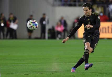 Mar 20, 2022; Los Angeles, California, USA; Los Angeles FC midfielder Ilie Sanchez (6) passes the ball during the first half against the Vancouver Whitecaps FC at Banc of California Stadium. Mandatory Credit: Kiyoshi Mio-USA TODAY Sports