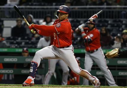 Apr 16, 2022; Pittsburgh, Pennsylvania, USA;  Washington Nationals left fielder Juan Soto (22) hits a double against the Pittsburgh Pirates during the ninth inning at PNC Park. Pittsburgh won 6-4. Mandatory Credit: Charles LeClaire-USA TODAY Sports