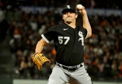 Jul 1, 2022; San Francisco, California, USA; Chicago White Sox relief pitcher Tanner Banks (57) throws against the San Francisco Giants during the eighth inning at Oracle Park. Mandatory Credit: Kelley L Cox-USA TODAY Sports