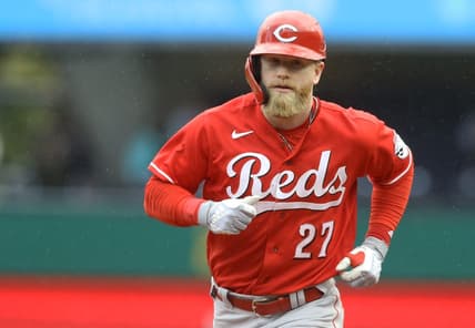 Sep 28, 2022; Pittsburgh, Pennsylvania, USA;  Cincinnati Reds right fielder Jake Fraley (27) circles the bases on a solo home run against the Pittsburgh Pirates during the ninth inning at PNC Park. The Pirates won 4-3 in ten innings. Mandatory Credit: Charles LeClaire-USA TODAY Sports