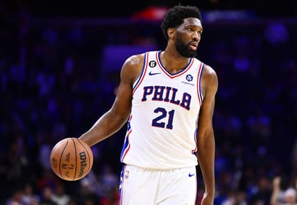 Nov 12, 2022; Philadelphia, Pennsylvania, USA; Philadelphia 76ers center Joel Embiid (21) controls the ball against the Atlanta Hawks in the fourth quarter at Wells Fargo Center. Mandatory Credit: Kyle Ross-USA TODAY Sports