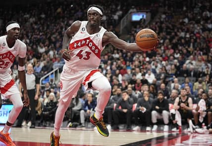 Nov 28, 2022; Toronto, Ontario, CAN; Toronto Raptors forward Pascal Siakam (43) keeps a ball in play against the Cleveland Cavaliers  during the second half at Scotiabank Arena. Mandatory Credit: John E. Sokolowski-USA TODAY Sports