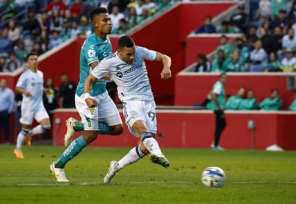 Sep 24, 2022; Chicago, Illinois, US; Chicago Fire midfielder Stanislav Ivanov (99) shoots the ball against Leon during the second half at Seetgeek Stadium. Mandatory Credit: Mike Dinovo-USA TODAY Sports