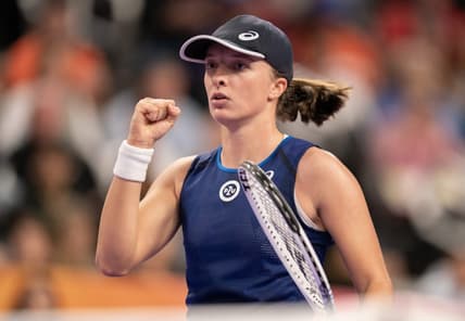 Nov 5, 2022; Forth Worth, TX, USA; Iga Swiatek (POL) reacts after a point against Coco Gauff (USA) during a match on day six of the WTA Finals at Dickies Arena. Mandatory Credit: Susan Mullane-USA TODAY Sports