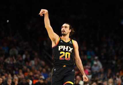 Jan 19, 2023; Phoenix, Arizona, USA; Phoenix Suns forward Dario Saric (20) against the Brooklyn Nets at Footprint Center. Mandatory Credit: Mark J. Rebilas-USA TODAY Sports