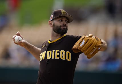 Mar 6, 2023; Phoenix, Arizona, USA; San Diego Padres pitcher Nick Martinez against the Los Angeles Dodgers during a spring training game at Camelback Ranch-Glendale. Mandatory Credit: Mark J. Rebilas-USA TODAY Sports