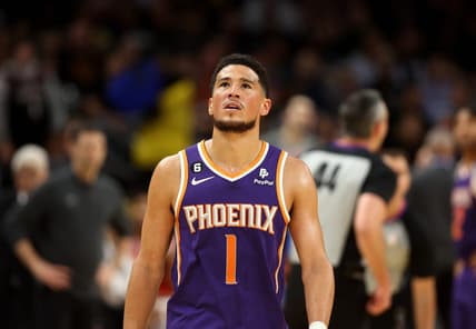 Mar 8, 2023; Phoenix, Arizona, USA; Phoenix Suns guard Devin Booker (1) reacts against the Oklahoma City Thunder in the first half at Footprint Center. Mandatory Credit: Mark J. Rebilas-USA TODAY Sports