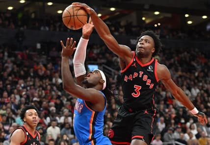 Mar 16, 2023; Toronto, Ontario, CAN; Toronto Raptors forward OG Anunoby (3) blocks a shot from Oklahoma City Thunder guard Luguentz Dort (5) in the first half at Scotiabank Arena. Mandatory Credit: Dan Hamilton-USA TODAY Sports