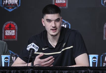 Apr 1, 2023; Houston, TX, USA; Purdue center Zach Edey speaks at a press conference after being announced as the Oscar Robertson player of the year at NRG Stadium. Mandatory Credit: Troy Taormina-USA TODAY Sports