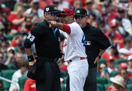 Apr 15, 2023; St. Louis, Missouri, USA; St. Louis Cardinals manager Oliver Marmol (37) argues with the home plate umpire in the bottom of the third inning at Busch Stadium. Mandatory Credit: Paul Halfacre-USA TODAY Sports