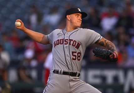 May 8, 2023; Anaheim, California, USA;  Houston Astros starting pitcher Hunter Brown (58) throws to the plate in the first inning against the Los Angeles Angels at Angel Stadium. Mandatory Credit: Jayne Kamin-Oncea-USA TODAY Sports