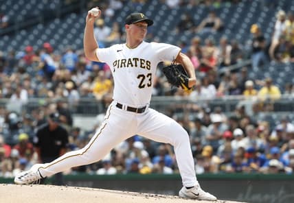 Jun 11, 2023; Pittsburgh, Pennsylvania, USA;  Pittsburgh Pirates starting pitcher Mitch Keller (23) delivers a pitch against the New York Mets during the first inning at PNC Park. Mandatory Credit: Charles LeClaire-USA TODAY Sports