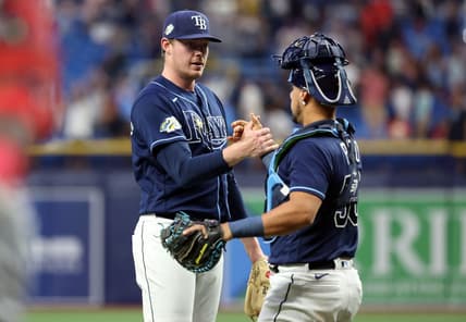 Aug 8, 2023; St. Petersburg, Florida, USA;  Tampa Bay Rays relief pitcher Pete Fairbanks (29) and catcher Rene Pinto (50) high five as they beat the St. Louis Cardinals at Tropicana Field. Mandatory Credit: Kim Klement Neitzel-USA TODAY Sports