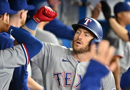 Sep 12, 2023; Toronto, Ontario, CAN;   Texas Rangers right fielder Robbie Grossman (4) celebrates with team mates in the dugout after hitting a two run home run against the Toronto Blue Jays in the fourth inning at Rogers Centre. Mandatory Credit: Dan Hamilton-USA TODAY Sports