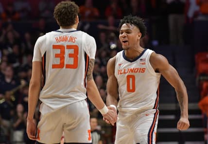 Returning starters for the No. 25 Illinois Fighting Illini, forward Coleman Hawkins (33) and Terrence Shannon Jr. (0) expect big things this season. Mandatory Credit: Ron Johnson-USA TODAY Sports