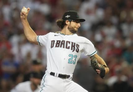 Arizona Diamondbacks pitcher Zac Gallen (23) throws a pitch in the first inning against the Philadelphia Phillies in Game 5 of the NLCS of the 2023 MLB playoffs on Oct. 21, 2023, at Chase Field in Phoenix, AZ. The Phillies beat the Diamondbacks 6-1, giving Philadelphia the overall lead of 3-2 in the NLCS playoffs.