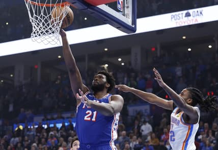 Nov 25, 2023; Oklahoma City, Oklahoma, USA; Philadelphia 76ers center Joel Embiid (21) shoots as Oklahoma City Thunder guard Cason Wallace (22) defends during the first quarter at Paycom Center. Mandatory Credit: Alonzo Adams-USA TODAY Sports