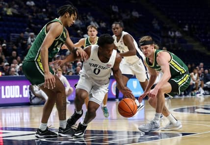 Dec 21, 2023; University Park, Pennsylvania, USA; Penn State Nittany Lions guard Kanye Clary (0) tries to maintain control of the ball during the first half against the Le Moyne Dolphins at Bryce Jordan Center. Penn State defeated Le Moyne 72-55. Mandatory Credit: Matthew O'Haren-USA TODAY Sports