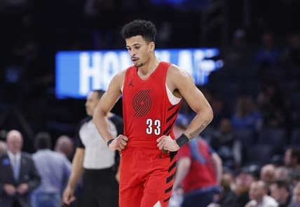 Jan 11, 2024; Oklahoma City, Oklahoma, USA; Portland Trail Blazers forward Toumani Camara (33) between plays against the Oklahoma City Thunder during the second half at Paycom Center. Mandatory Credit: Alonzo Adams-USA TODAY Sports