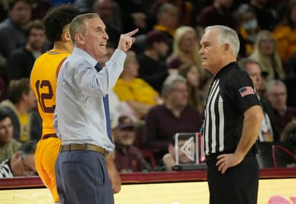 Arizona State Sun Devils head coach Bobby Hurley argues a technical foul call with an official during the second half against UCLA at Desert Financial Arena in Tempe on Jan. 17, 2024.