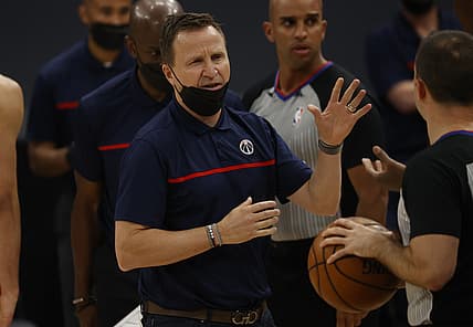 May 6, 2021; Tampa, Florida, USA; Washington Wizards head coach Scott Brooks against the Toronto Raptors during the first half at Amalie Arena. Mandatory Credit: Kim Klement-USA TODAY Sports
