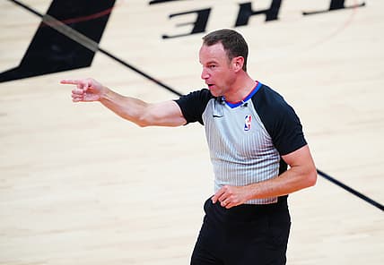 Jul 17, 2021; Phoenix, Arizona, USA; NBA referee Josh Tiven during the Phoenix Suns against the Milwaukee Bucks in game five of the 2021 NBA Finals at Phoenix Suns Arena. Mandatory Credit: Mark J. Rebilas-USA TODAY Sports