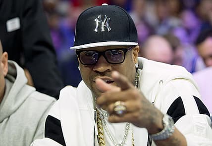 Apr 16, 2018; Philadelphia, PA, USA; NBA Hall of Fame member and Philadelphia 76ers former player Allen Iverson looks on during the second quarter in game two of the first round of the 2018 NBA Playoffs against the Miami Heat at Wells Fargo Center. Mandatory Credit: Bill Streicher-USA TODAY Sports