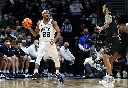 Feb 25, 2022; University Park, Pennsylvania, USA; Penn State Nittany Lions guard Jalen Pickett (22) looks to pass the ball as Northwestern Wildcats guard Boo Buie (0) defends during the second half at Bryce Jordan Center. Penn State defeated Northwestern 67-60. Mandatory Credit: Matthew OHaren-USA TODAY Sports