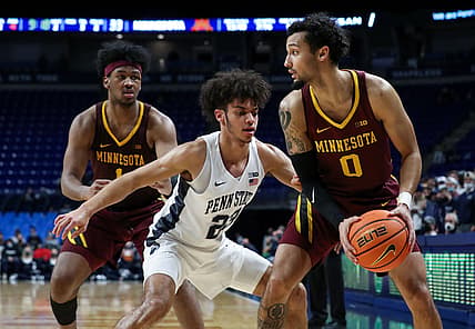 Feb 17, 2022; University Park, Pennsylvania, USA; Minnesota Golden Gophers guard Payton Willis (0) controls the ball against Penn State Nittany Lions guard Dallion Johnson (23) during the second half at Bryce Jordan Center. Penn State won 67-46. Mandatory Credit: Matthew OHaren-USA TODAY Sports