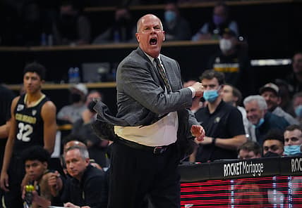 Feb 26, 2022; Boulder, Colorado, USA; Colorado Buffaloes head coach Tad Boyle reacts in the second half against the Arizona Wildcats at the CU Events Center. Mandatory Credit: Ron Chenoy-USA TODAY Sports