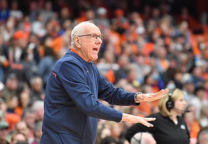 Mar 5, 2022; Syracuse, New York, USA; Syracuse Orange head coach Jim Boeheim reacts to a play in the first half game against the Miami (Fl) Hurricanes at the Carrier Dome. Mandatory Credit: Mark Konezny-USA TODAY Sports