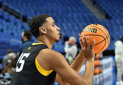 Mar 16, 2022; Buffalo, NY, USA; Iowa Hawkeyes forward Keegan Murray (15) shoots the ball during a practice session prior to the first round of the 2022 NCAA Tournament at KeyBank Center. Mandatory Credit: Mark Konezny-USA TODAY Sports