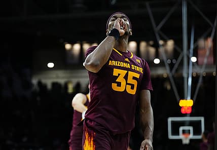 Dec 1, 2022; Boulder, Colorado, USA; Arizona State Sun Devils guard Devan Cambridge (35) celebrates defeating the Colorado Buffaloes at the CU Events Center. Mandatory Credit: Ron Chenoy-USA TODAY Sports