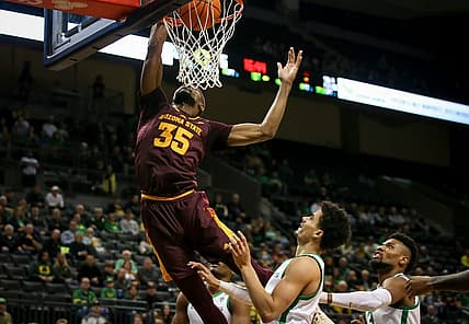 Arizona State guard Devan Cambridge dunks the ball during the first half as the Oregon Ducks host the Arizona State Sun Devils Thursday, Jan. 12, 2022, at Matthew Knight Arena in Eugene, Ore.

Ncaa Basketball Arizona State At Oregon Basketball Arizona State At Oregon