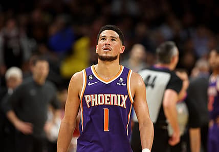 Mar 8, 2023; Phoenix, Arizona, USA; Phoenix Suns guard Devin Booker (1) reacts against the Oklahoma City Thunder in the first half at Footprint Center. Mandatory Credit: Mark J. Rebilas-USA TODAY Sports