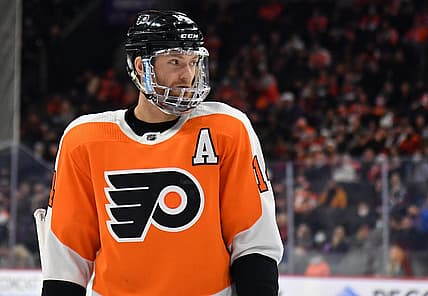 Dec 6, 2021; Philadelphia, Pennsylvania, USA; Philadelphia Flyers center Sean Couturier (14) against the Colorado Avalanche at Wells Fargo Center. Mandatory Credit: Eric Hartline-USA TODAY Sports