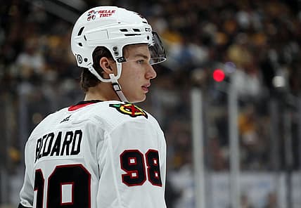 Oct 10, 2023; Pittsburgh, Pennsylvania, USA; Chicago Blackhawks center Connor Bedard (98) looks on before a face-off against the Pittsburgh Penguins during the first period at the PPG Paints Arena. Bedard is making his NHL debut. Mandatory Credit: Charles LeClaire-USA TODAY Sports