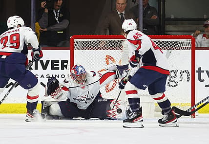 Dec 4, 2023; Tempe, Arizona, USA; Washington Capitals goalie Charlie Lindgren makes a save against the Arizona Coyotes in the third period at Mullett Arena. Mandatory Credit: Mark J. Rebilas-USA TODAY Sports