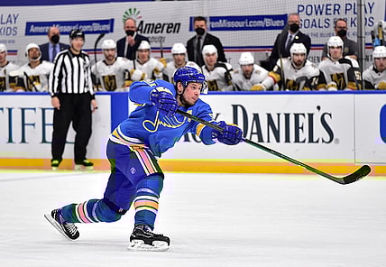 Mar 13, 2021; St. Louis, Missouri, USA;  St. Louis Blues right wing Vladimir Tarasenko (91) shoots during the third period against the Vegas Golden Knights at Enterprise Center. Mandatory Credit: Jeff Curry-USA TODAY Sports