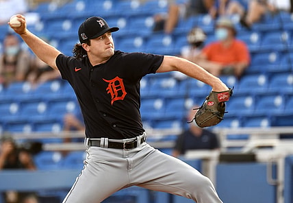 Mar 25, 2021; Dunedin, Florida, USA;  Detroit Tigers pitcher Casey Mize (12) throws a pitch in the first inning against the Toronto Blue Jays during spring training at TD Ballpark. Mandatory Credit: Jonathan Dyer-USA TODAY Sports