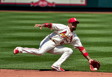 Jun 5, 2021; St. Louis, Missouri, USA;  St. Louis Cardinals shortstop Edmundo Sosa (63) fields a ground ball hit by Cincinnati Reds first baseman Mike Freeman (not pictured) during the third inning at Busch Stadium. Mandatory Credit: Jeff Curry-USA TODAY Sports