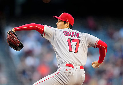 Jun 11, 2021; Phoenix, Arizona, USA; Los Angeles Angels pitcher Shohei Ohtani throws in the first inning against the Arizona Diamondbacks at Chase Field. Mandatory Credit: Mark J. Rebilas-USA TODAY Sports