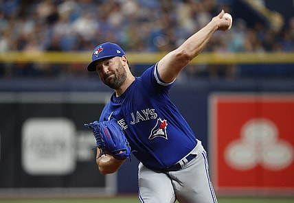 Jul 11, 2021; St. Petersburg, Florida, USA;  Toronto Blue Jays starting pitcher Robbie Ray (38) throws a pitch during the third inning against the Tampa Bay Rays at Tropicana Field. Mandatory Credit: Kim Klement-USA TODAY Sports