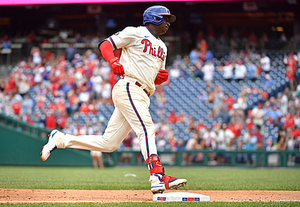 Jul 18, 2021; Philadelphia, Pennsylvania, USA; Philadelphia Phillies shortstop Didi Gregorius (18) rounds the bases after hitting a solo home run against the Miami Marlins during the fifth inning at Citizens Bank Park. Mandatory Credit: Eric Hartline-USA TODAY Sports