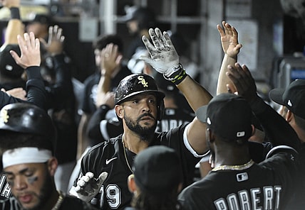 Sep 10, 2021; Chicago, Illinois, USA;  Chicago White Sox first baseman Jose Abreu (79) celebrates in the dugout after he hits a three run home run against the Boston Red Sox during the third inning at Guaranteed Rate Field. Mandatory Credit: Matt Marton-USA TODAY Sports