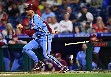 Sep 16, 2021; Philadelphia, Pennsylvania, USA; Philadelphia Phillies infielder Brad Miller (13) hits a single against the Chicago Cubs in the fourth inning at Citizens Bank Park. Mandatory Credit: Kyle Ross-USA TODAY Sports