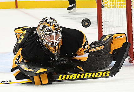 Nov 11, 2021; Pittsburgh, Pennsylvania, USA;  Pittsburgh Penguins goalie Tristan Jarry (35) makes a save against the Florida Panthers during the second period at PPG Paints Arena. Mandatory Credit: Philip G. Pavely-USA TODAY Sports