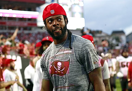 Jan 9, 2022; Tampa, Florida, USA;Tampa Bay Buccaneers cornerback Richard Sherman (5) looks on against the Carolina Panthers during the first half at Raymond James Stadium. Mandatory Credit: Kim Klement-USA TODAY Sports