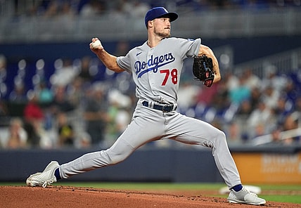 Aug 29, 2022; Miami, Florida, USA; Los Angeles Dodgers starting pitcher Michael Grove (78) delivers against the Miami Marlins in the first inning at loanDepot Park. Mandatory Credit: Jim Rassol-USA TODAY Sports